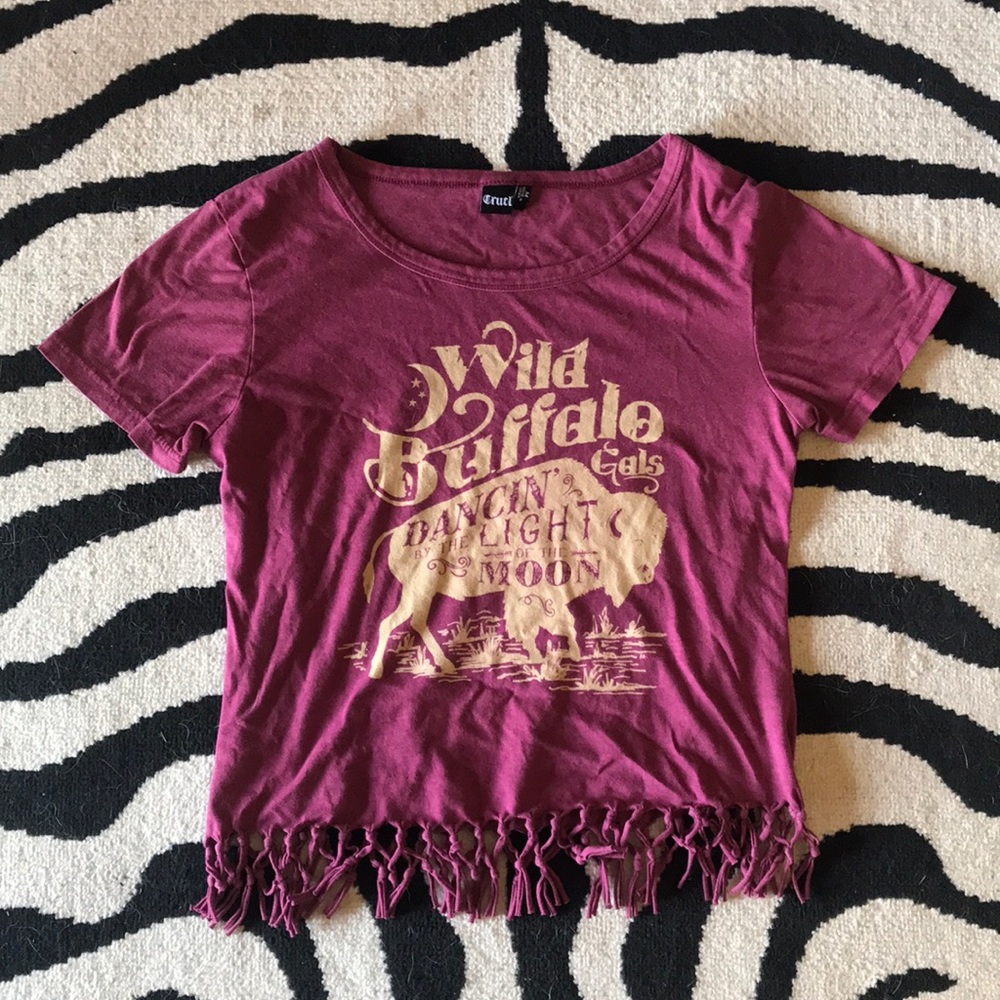 CRUEL GIRL Buffalo Gal print crop fringe tee